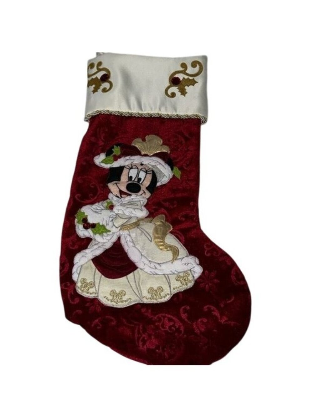 Disney Minnie Mouse Red & Gold Christmas Stocking 19" Satin & Velvet Holiday Dec